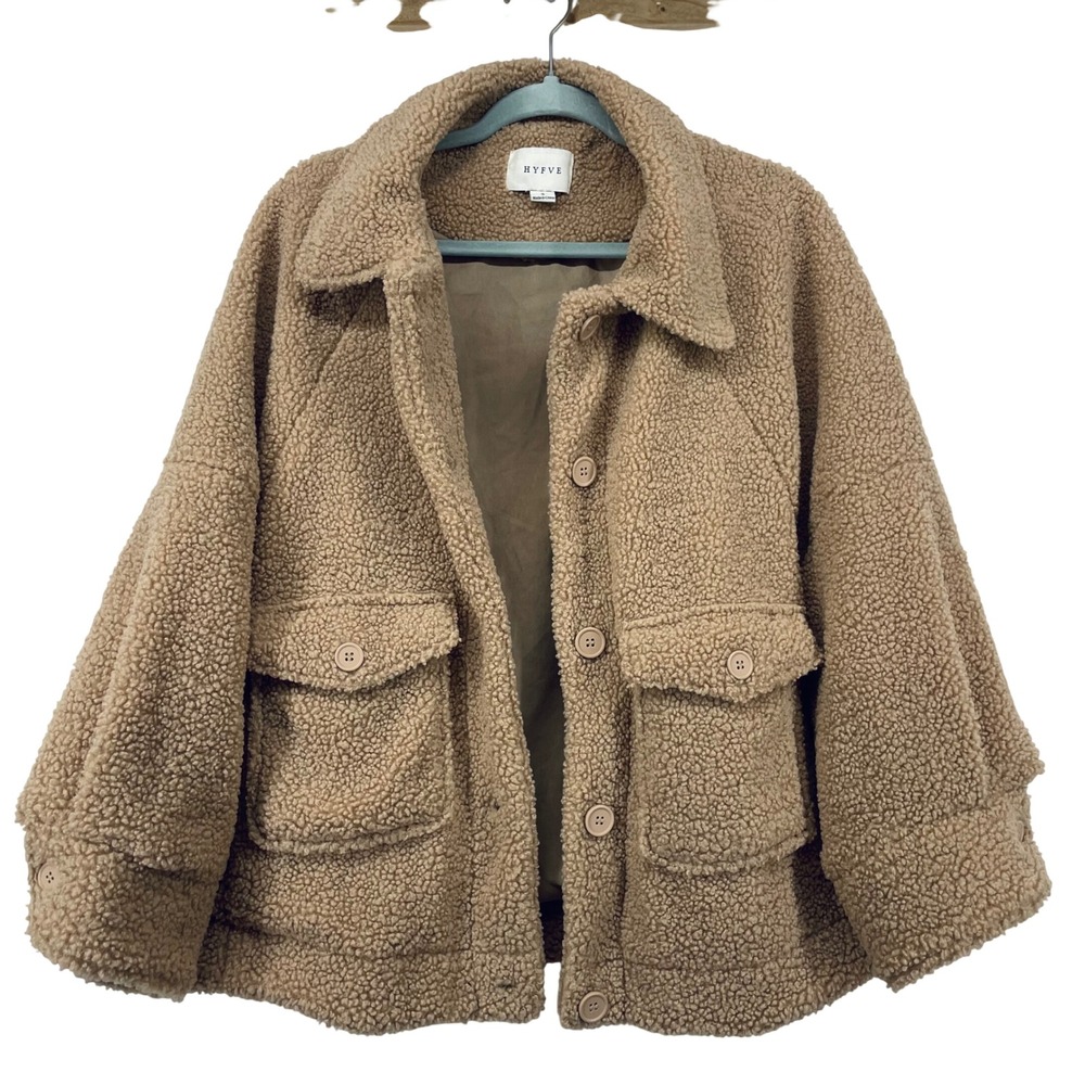 Hyfve Women Size‎ Small Teddy Sherpa Jacket Tan Brown Button Front Cabin Core - Picture 2 of 8
